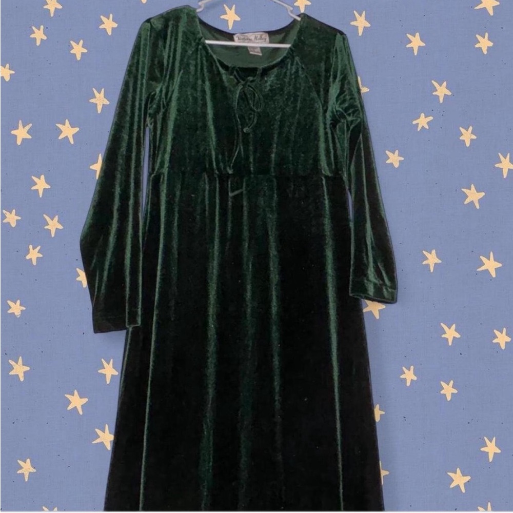 Faux Velvet Long Sleeve Green Dress